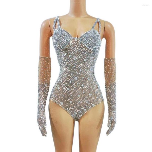 Vestimenta de palco Sexy Brilhante Cheia de Prata Pedras Luvas Bodysuit Strass Calças Aniversário Comemorar Roupa Collant Trajes Pography