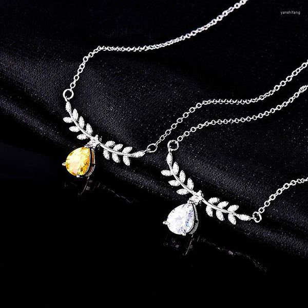 Цепи 925 Серебряное серебряное сверкающее хрустальное желтое бриллиантовое колье ожерелье в форме груши роскошные оливковые листья