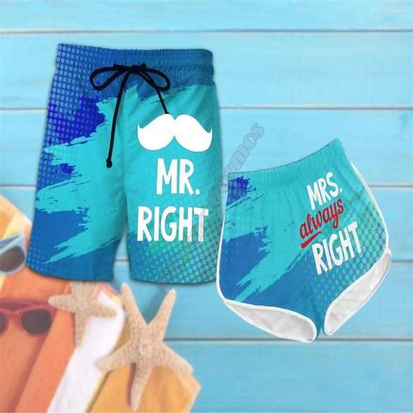 Shorts Masculino Casal Combinando Mr Right e Mrs Always 3d Mulheres Para Homens Cintura Elástica Verão Praia