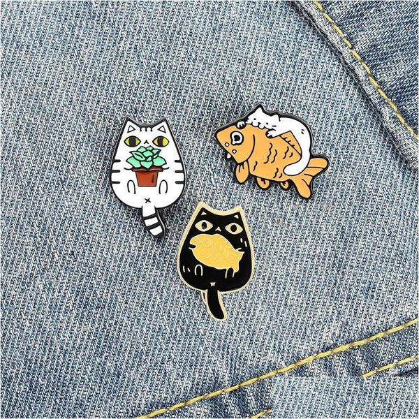 Spille Spille Pin Cartoon Cat Fish Cute For Women Funny Fashion Dress Coat Camicia Demin Distintivi in metallo Zaino Regalo Gioielli Drop Delive Dhr04