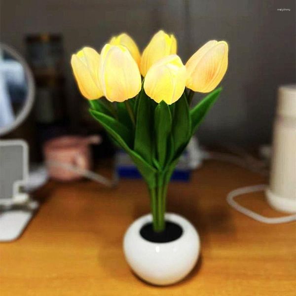 Candeeiros de mesa Luz de cabeceira Simulação de quarto Tulipa em vaso Decorativo para casa Lâmpada de flor Ambiente