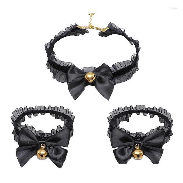 Ohrringe Halskette Set 3 Teile/satz Y Lolita Choker Kragen Rüschen Spitze Schleife Glocken Mit Armband Armband Gothic Punk Schmuck WO Dhgarden Dho9N