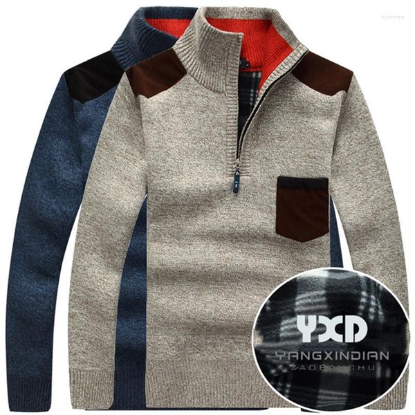 Männer Pullover Männer Kleidung Gestrickte Pullover Strickjacken Kragen Winter Plus Samt Dicke Business Casual Männlich Half Zip Patchwork Mantel