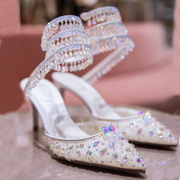 Rene Caovilla Novo candelabro enfeitado com cristal envolto sapatos sapatos de renda ponto-toe slingback sandálias de estilete para mulheres Designers de luxo Noite shies Com caixa