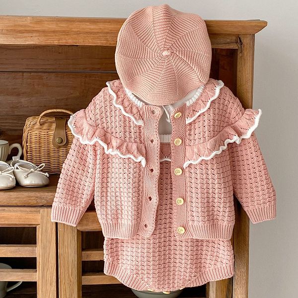 Conjuntos de roupas Outono Bebê Meninas Conjunto Camisola Infantil Malha Rosa Casaco Babados Suspensório Body Roupas Princesa 230807