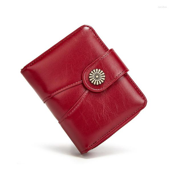 Portafogli 2023 Portafoglio da donna Fashion Oil Wax Short PU Leather Small Flower Splice Card Bag