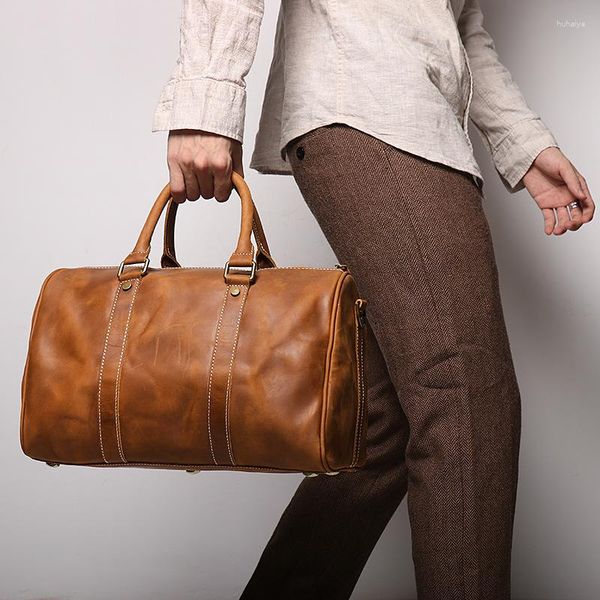 Duffel Bags Highend Vintage Brown Black Толстое зерновое зерновое зерновое зерновое кожа Мужчины Женщины путешествуют мужской спортивной спортзал Messenger Duffle M1028