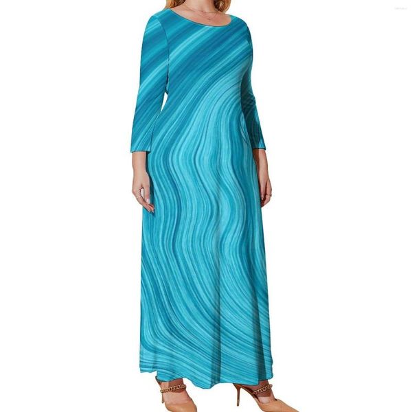 Платья плюс размеры абстрактное печатное платье с длинным рукавом синий галстук винтаж Maxi Spring Street Wear Trendy Beach 3xl 4xl