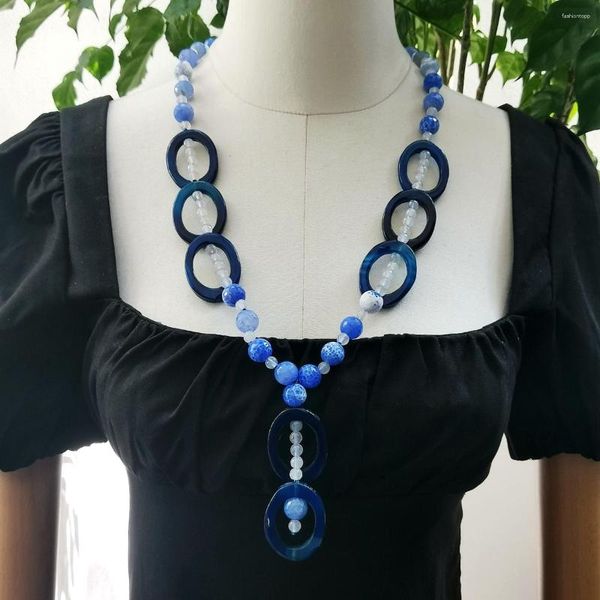 Подвесные ожерелья Lii Ji Blue Black Stone Women Женщины Ожерелье 75 см. Агат -продажи продажа ювелирных украшений