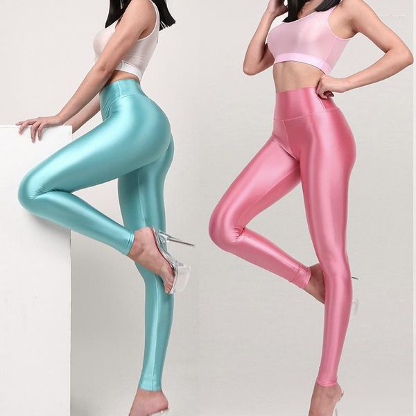 Leggings da donna in raso lucido Sexy attillati in seta a vita alta Pantaloni sportivi da yoga Pantaloni taglie forti Pantaloni da donna