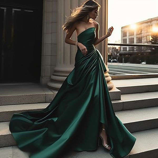 Dubai Arapça Koyu Yeşil Plus Boyut Bir Çizgi Gece Elbisesi Kadınlar İçin Uzun Straplez Drapled Pleats Doğum Günü Balo Balosu Ünlü Pageant Resmi Fırsat Parti Gowns