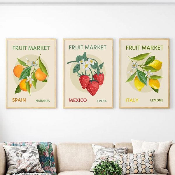 Tuval boyama meyve renkli pazar çilek limon turuncu meyve ve bitki ferahlatıcı posterler ve baskılar duvar sanat duvar resimleri mutfak yemek odası dekor wo6