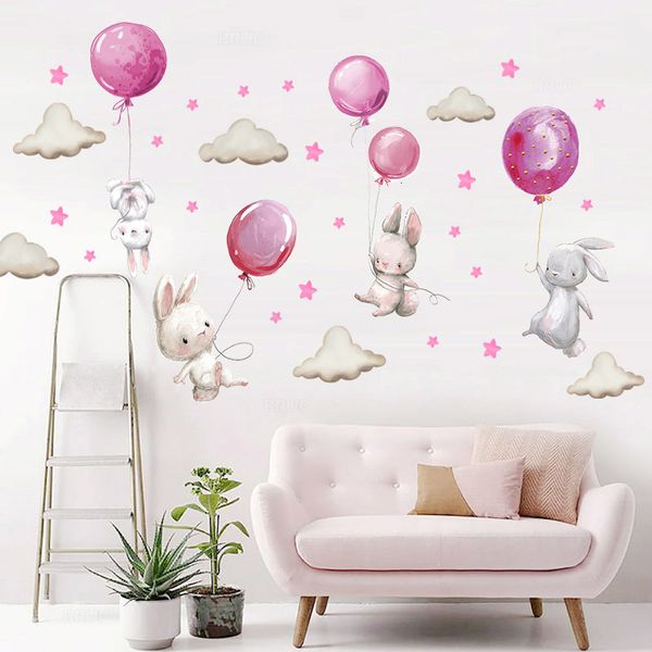 Wandaufkleber, Aquarell, rosa Luftballon, Hase, Wolke, für Kinderzimmer, Babyzimmer, Dekoration, Abziehbilder für Jungen und Mädchen, Geschenke, PVC 230808