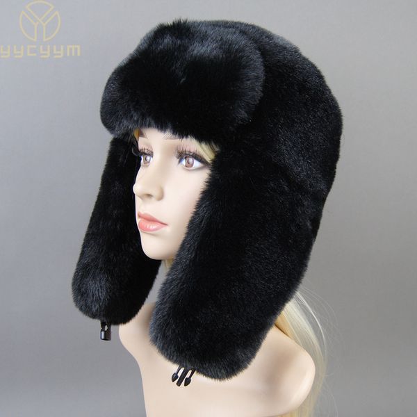 Beanie Skull Caps Winter Russian Woman Fashion False Rex Rabbit Fur Hats Luxury Leather Cap Womens Artificial Bomber Hat 230808