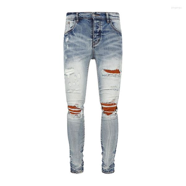 Мужские джинсы 2023 г. Прибытие модной уличной одежды синяя повседневная бедствие коричневые локочные пэчворки тонкие джинсовые штаны для мужчин