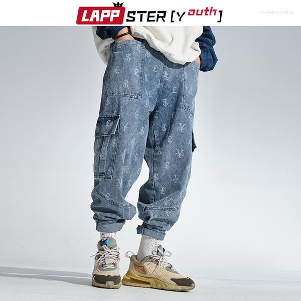 Herren Jeans - Jugend Männer Japanische Streetwear Bedruckte Denim Hosen 2023 Herren Blaue Mode Taschen Jogger Männliche Hip Hop Hosen