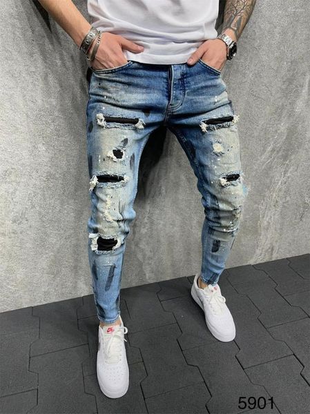 Jeans da uomo Pantaloni skinny in denim elasticizzato strappati con foro al ginocchio di alta qualità da uomo Tinta unita Pantaloni slim fit stile hip-hop di grandi dimensioni blu