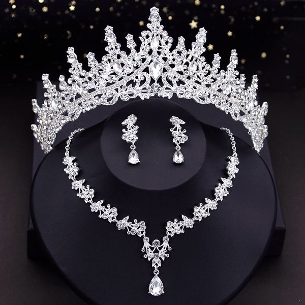 Conjuntos de joias de casamento luxo prata cores coroa brincos e colar para mulheres tiaras fantasia acessórios de noiva 230808