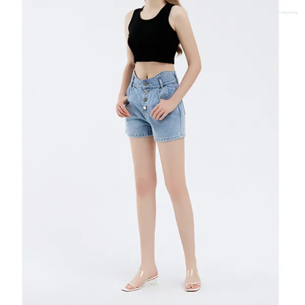 Damen-Jeans, Frühling/Sommer, hohe Taille, schlanke Silhouette, A-Linie, einreihige, verwaschene blaue Denim-Shorts mit geradem Bein für Damen