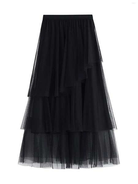 Юбка -юбки элегантная плиссированная макси -юбка с высокой талией с слоистым сетчатым тюлем и нерегулярным подол для летней осенней моды