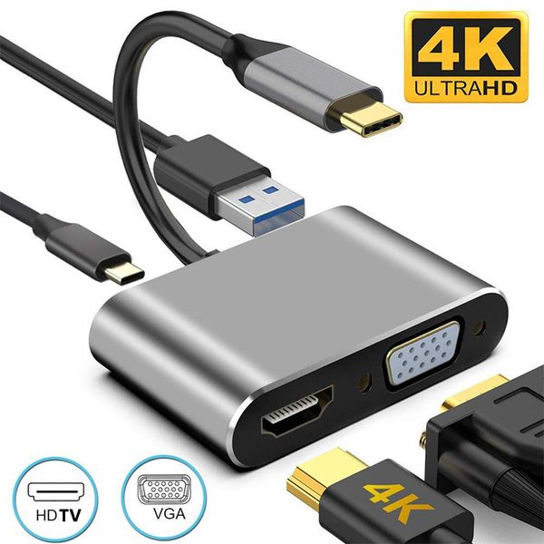 4K Тип C до HDTV VGA 1080P USB 3.0 3.1 PD Кабельная док -станция Док -конвертер док -концентратор 4 в 1 HD Typec для Macbook Dell Ноутбук