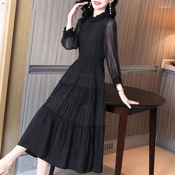 Casual Kleider Dame Kleid 2023 Frühling Herbst Stil Schwarz Sexy Temperament Elegante Spitze Nähte Mesh Lange Für Party Frauen K249