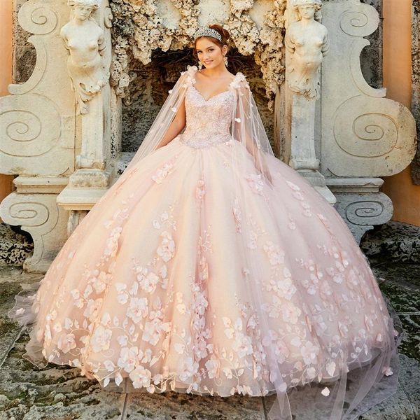 Hübscher Princesa 3D Blumen Perlen abnehmbarer Umhang Watteau Blush Pink Mexicano Sweet 16 Quinceanera Kleid Ballkleid 2021 Frühlingsneu 298g