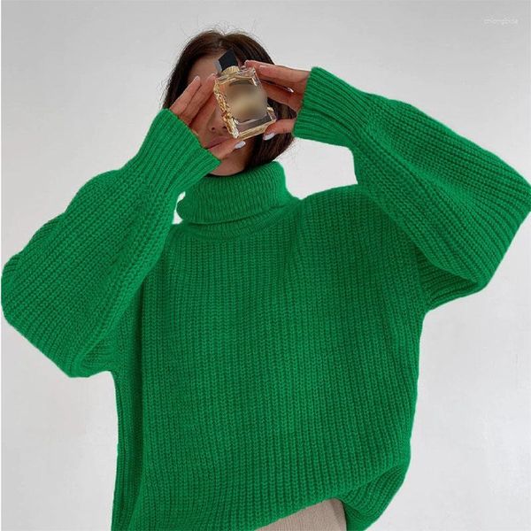 Damenpullover Grüner Rollkragenpullover für Damen, gestrickt, übergroß, Wintermode, langärmelig, solide Designer-Pullover