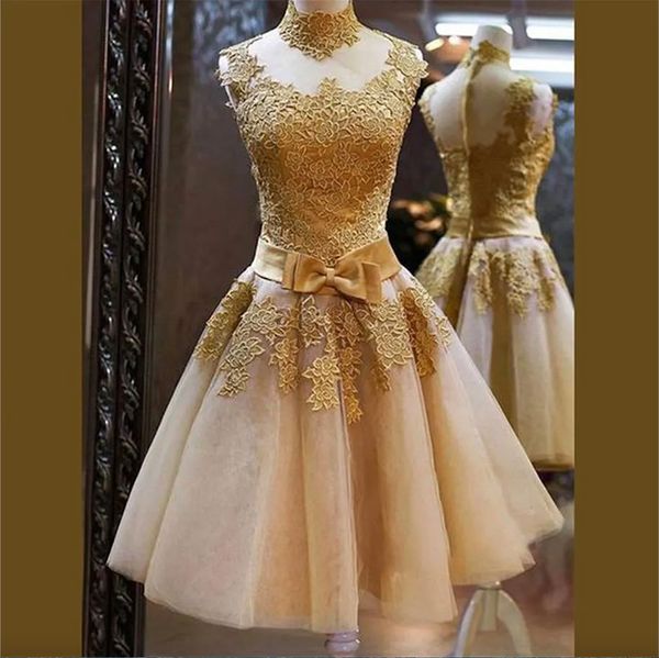 2023 Элегантные платья для возвращения на родину для подростков высокой шеи шея с золотой аппликацией короткие платья выпускной