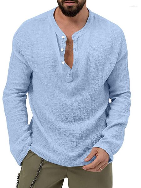 Camisas casuais masculinas de ajuste solto camisa de botão em cor sólida com tecido de popelina bolha