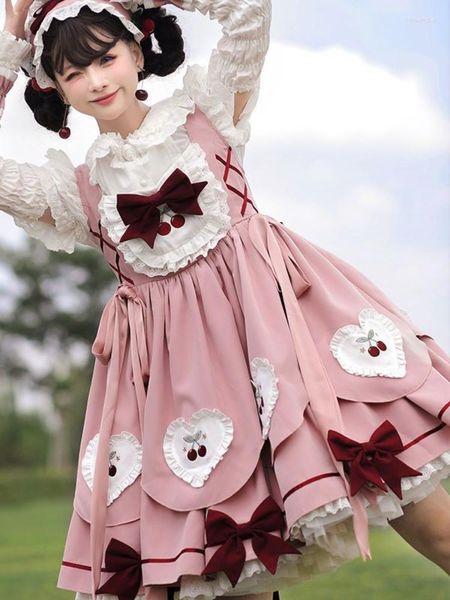 Vestidos Casuais HOUZHOU Japonês Elegante Kawaii Lindo Vestido Lolita Verão Rosa Renda Sem Costas Doce Estampa Sling Mulher 2023