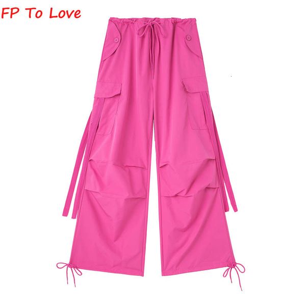 Calças femininas Capris Y2K Pocket Cargo Pants Mulher Calças Soltas Perna Larga Faixas Rosa Cinto Campus PB ZA Feminino Amarelo Vermelho Cinza Preto 230809