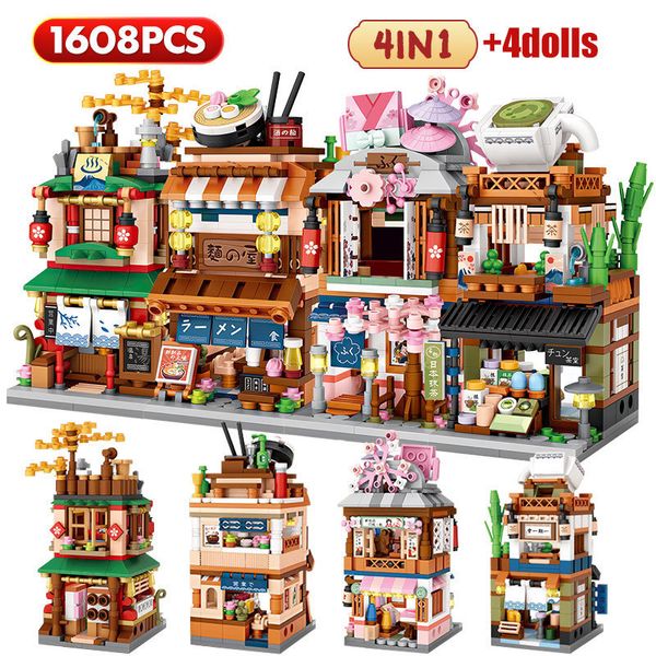 Brinquedos de transformação Robôs Mini City Street View Noodle Shop House Building Blocks 4 em 1 Japanese Architecture Friends Figures Bricks Toys For Children 230809