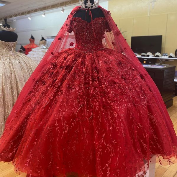 Kırmızı ışıltılı balo elbisesi16 yaşındaki kızlar boncuklar 3d çiçekler ile cape quinceanera elbiseler doğum günü partisi önlük vestidos de 15