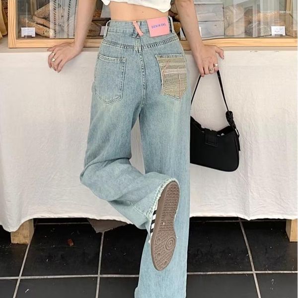 Женские джинсы Baby Blue Like Straight High Thin Thin Summer Design Tassel Универсальная тенденция к широким штанам для ног