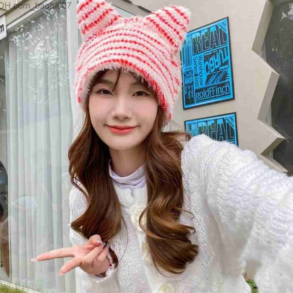 Beanie / Skull Caps Cute Winter Cute Cat Ear Cappello lavorato a maglia Cappello Skull Bear da donna Hot Fashion Design Girl Warm Hat Z230809