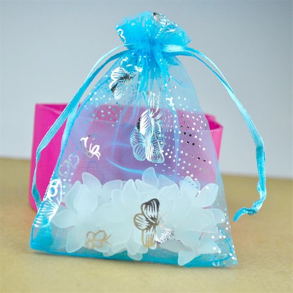 Inteiro 100 pçs lote 9x12 cm embrulho para presente Lake Blue Organza Joias Sacos Saco Saco Cordão Padrão Borboleta2822