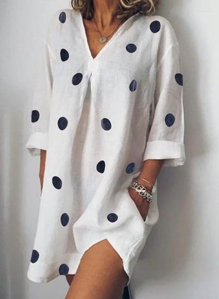 Abiti casual Summer Linen Dot Abito da donna Oversize Flare Sleeve A-line Scollo a V Allentato Femminile Elegante Abbigliamento da donna