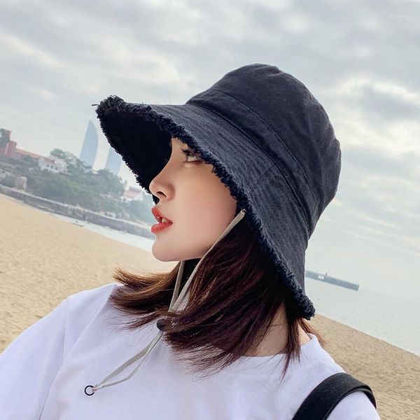 Chapéus de aba larga primavera e verão chapéu de pescador para mulheres versão coreana protetor solar ao ar livre sol cor sólida borda áspera bacia é