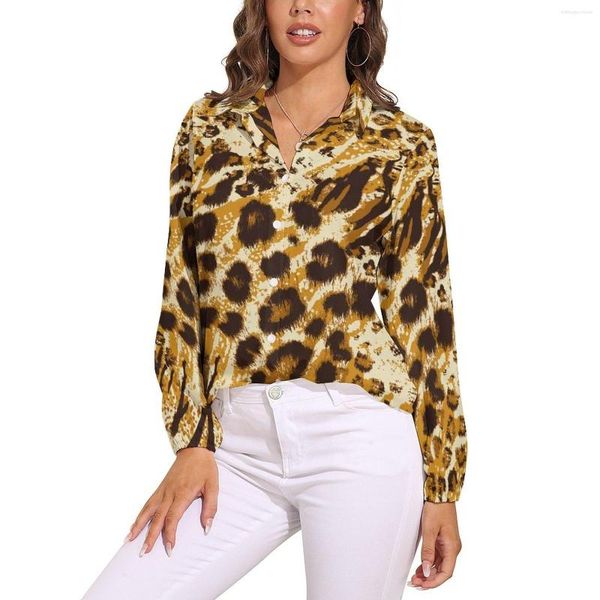 Damenblusen Gold-Bluse mit Leopardenmuster, Tiermuster, niedliches individuelles Damen-Langarm-Freizeithemd, Herbst-Übergroßes Oberteil