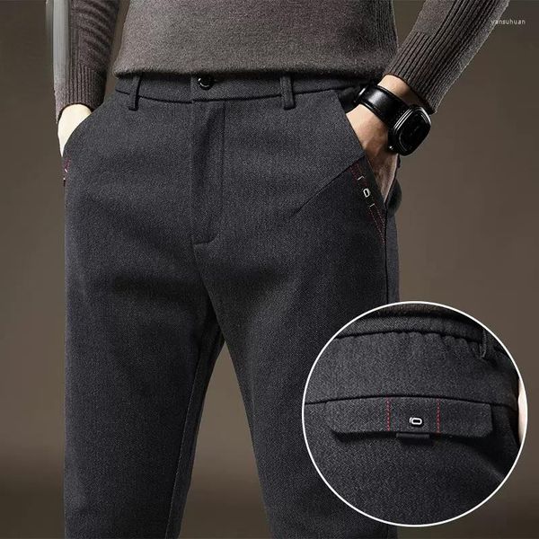 Calças masculinas primavera outono tecido escovado elástico de alta qualidade cintura elástica grossa algodão fino negócios preto azul calças casuais