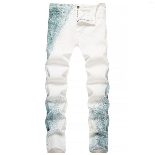 Jeans masculino Calças pintadas de alta qualidade Calças de brim grafite de ajuste fino para roupas de rua masculinas Partes de baixo estampadas Tamanho grande 42