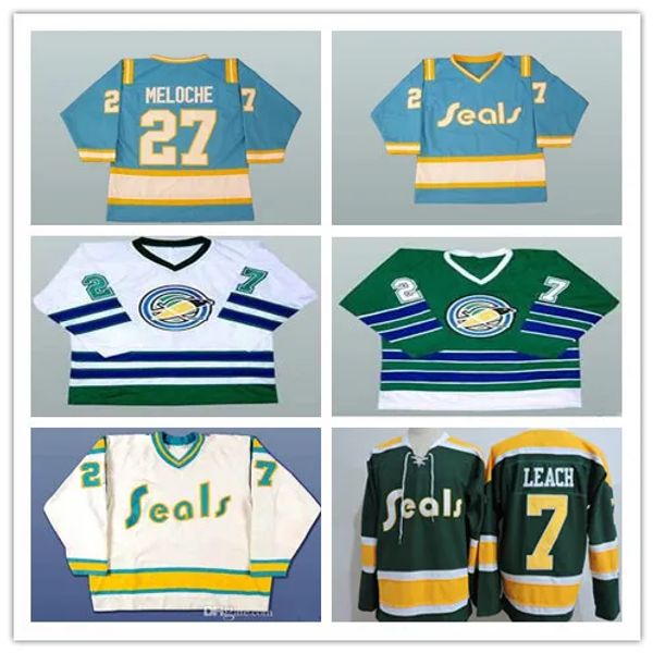 California Golden''Seals''Herren 1970er Jahre CALIFORNIA GOLDEN SEALS 27 GILLES MELOCHE 7 REGGIE LEACH Vintage Jersey genäht Weiß Blau Grün Gelb Abwechselnd