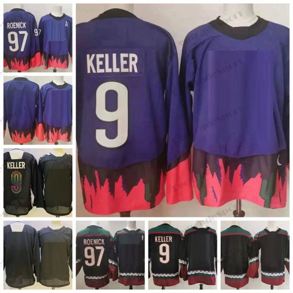 Özel Erkek Kadınlar Gençlik Phoenix''coyotes''22021 Ters retro hokey formaları 9 Clayton Keller 97 Jeremy Roenick Alternatif Siyah Vintage Erkek Dikiş