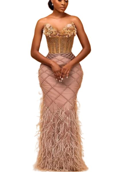 ASO EBI Champagne Mermaid Prom del ballo in rilievo Feather Evening Party Formale Secondo ricevimento di compleanno abiti da fidanzamento di compleanno abiti da abiti da soiree ZJ777 407