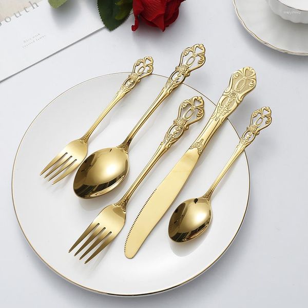 Set di stoviglie 5 pezzi Cucchiai vintage Set di forchette Acciaio inossidabile Per caffè Tè Frutta Dessert Utensili da cucina Cucchiaino Accessori Oro