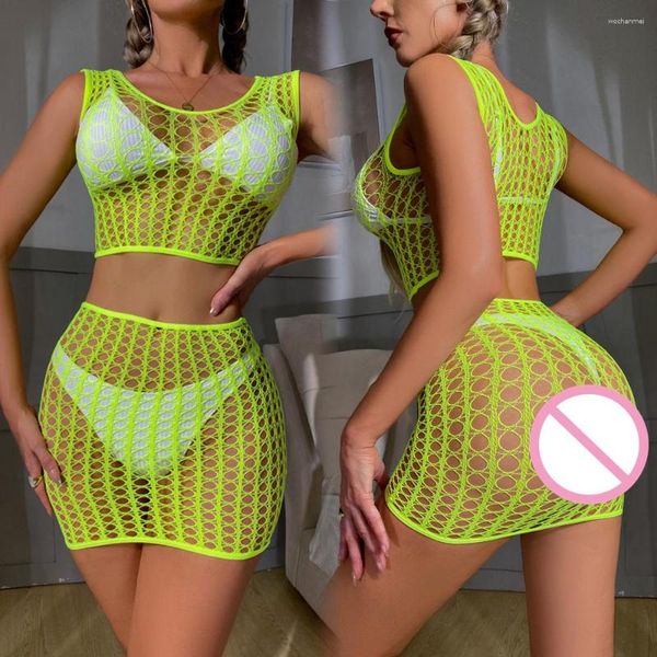 Abiti casual Gonna da donna erotica Gonna a rete Bikini Cover Up Collant porno da donna Lingerie Sexy Abito da spiaggia a slittamento sottile Body a rete