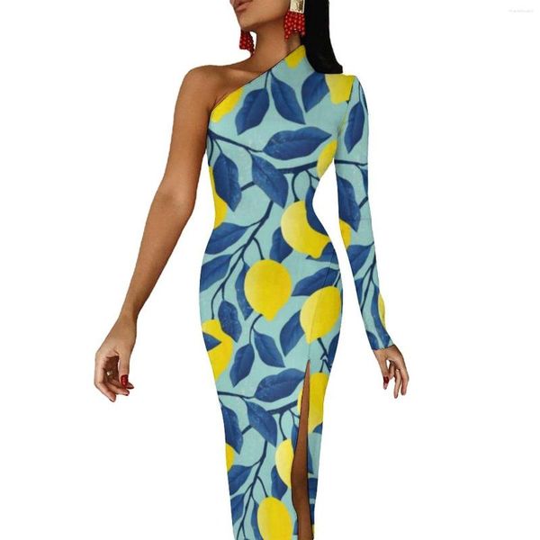 Vestidos casuais bonito limão maxi vestido manga longa engraçado comida frutas cítricas elegante bodycon lado split festa senhora impressão vestido