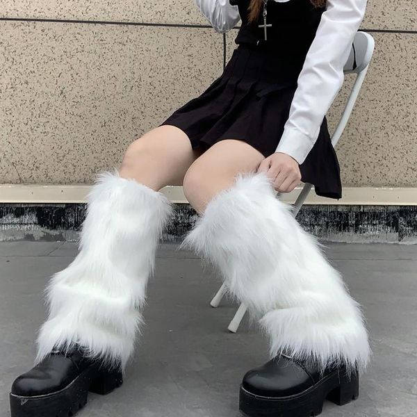 Mulheres meias de meias de peles falsas de peles de outono botas meninas capa de bota punk harajuku pisos aquecendo diariamente desgaste