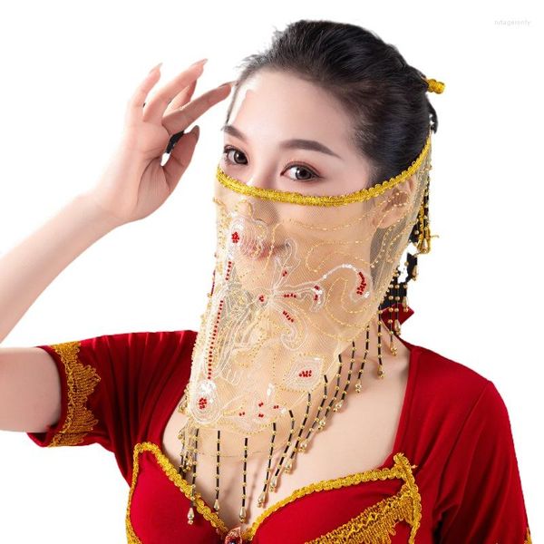 Abbigliamento da palcoscenico Accessori per il velo di danzatrice del ventre Danza floreale con paillettes Faccia di perline fatta a mano